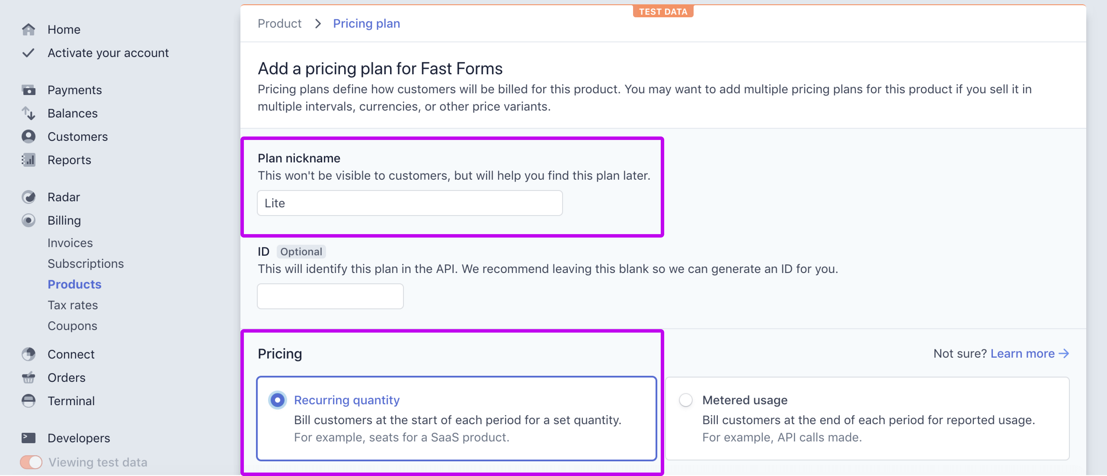 Stripe Dashboard, Create a plan part 1