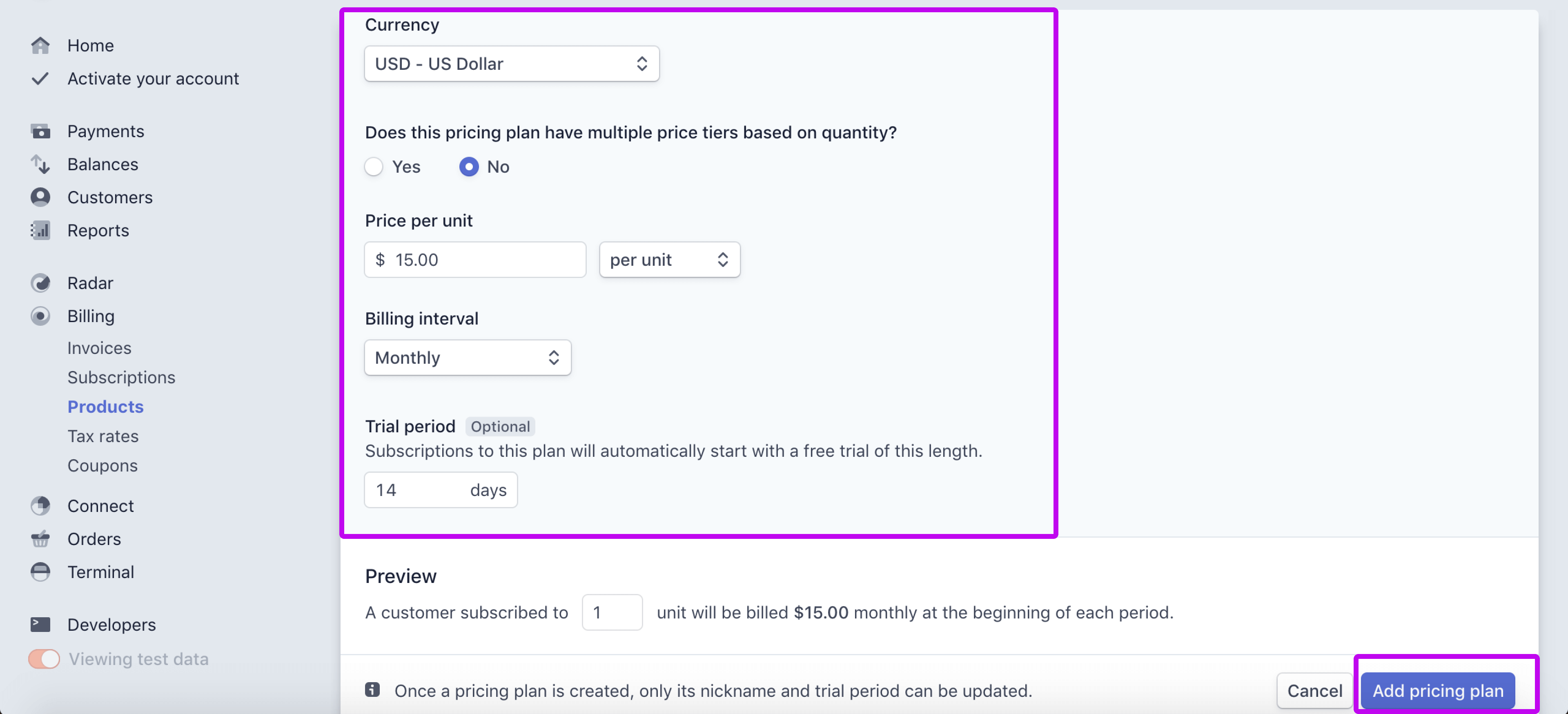 Stripe Dashboard, Create a plan part 2