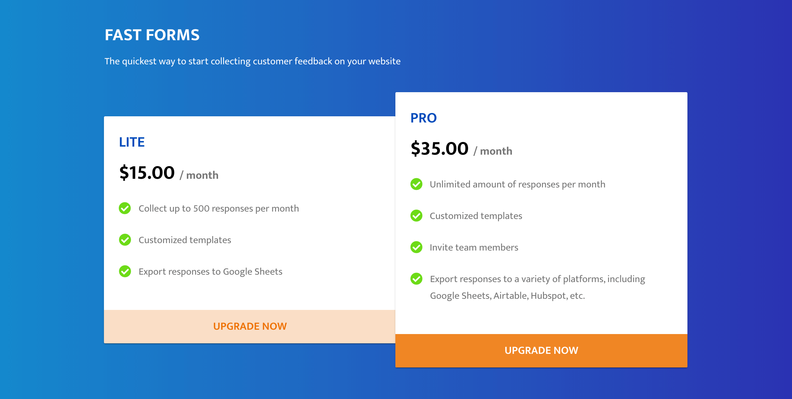 Fast Forms Pricing Table