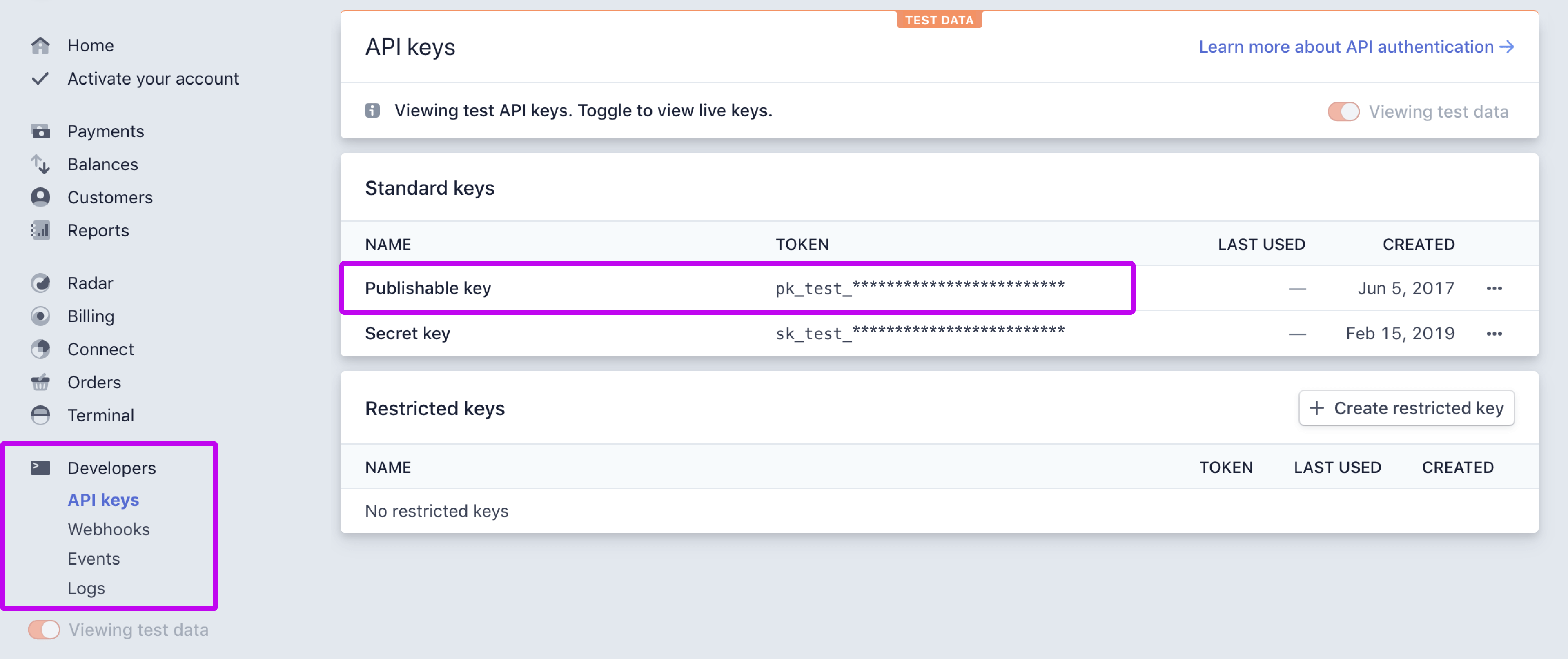 Stripe Dashboard, Get your Stripe Publishable Key