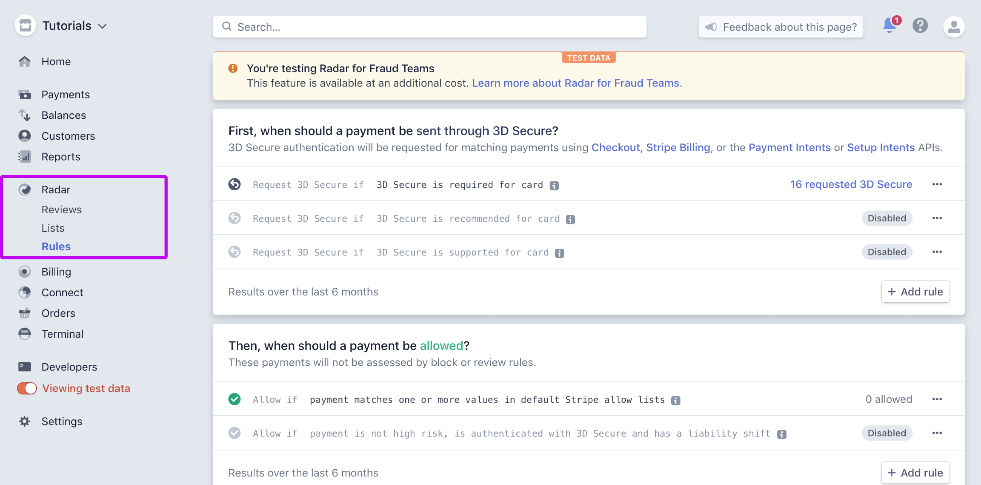 Configure Radar Rules for 3D Secure