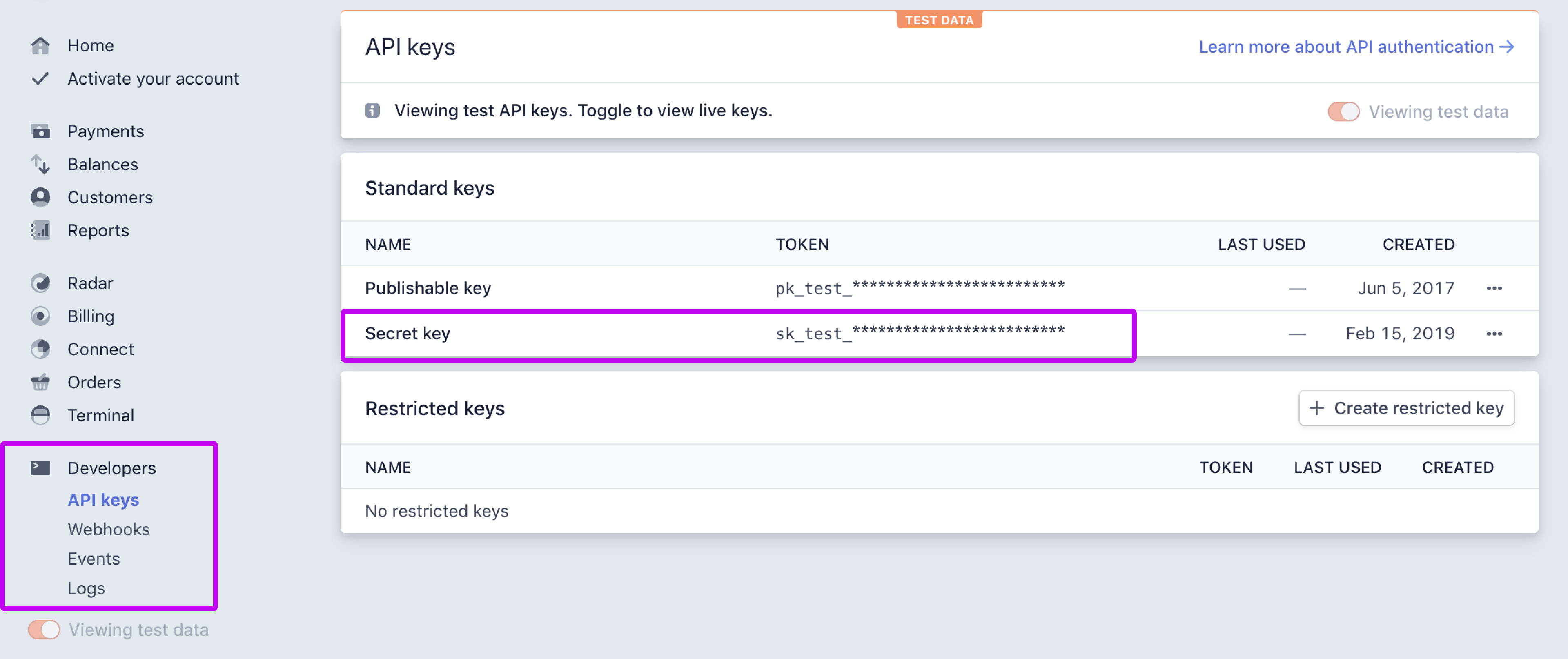 Stripe Dashboard, Get your Stripe Secret Key